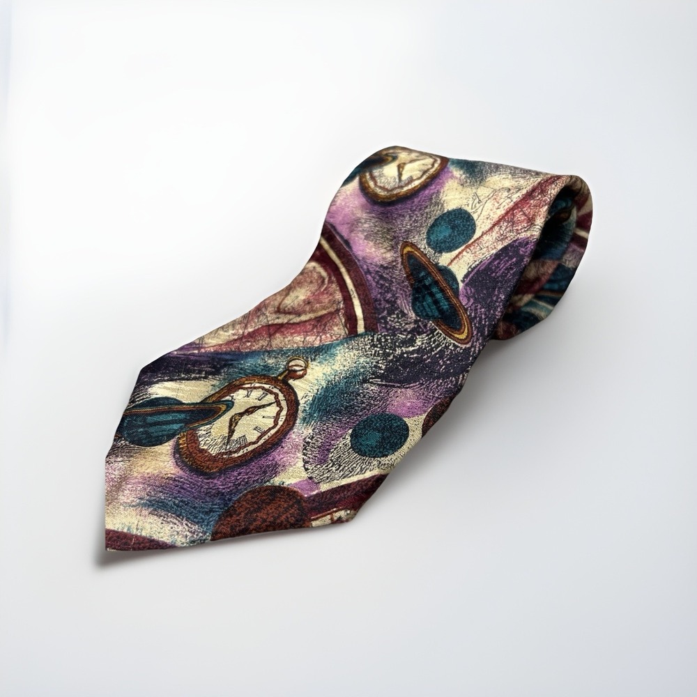 Vtg Bugatti‎ Silk Tie Made in Italy Pocket Watch Abstract Pattern Burgundy Teal